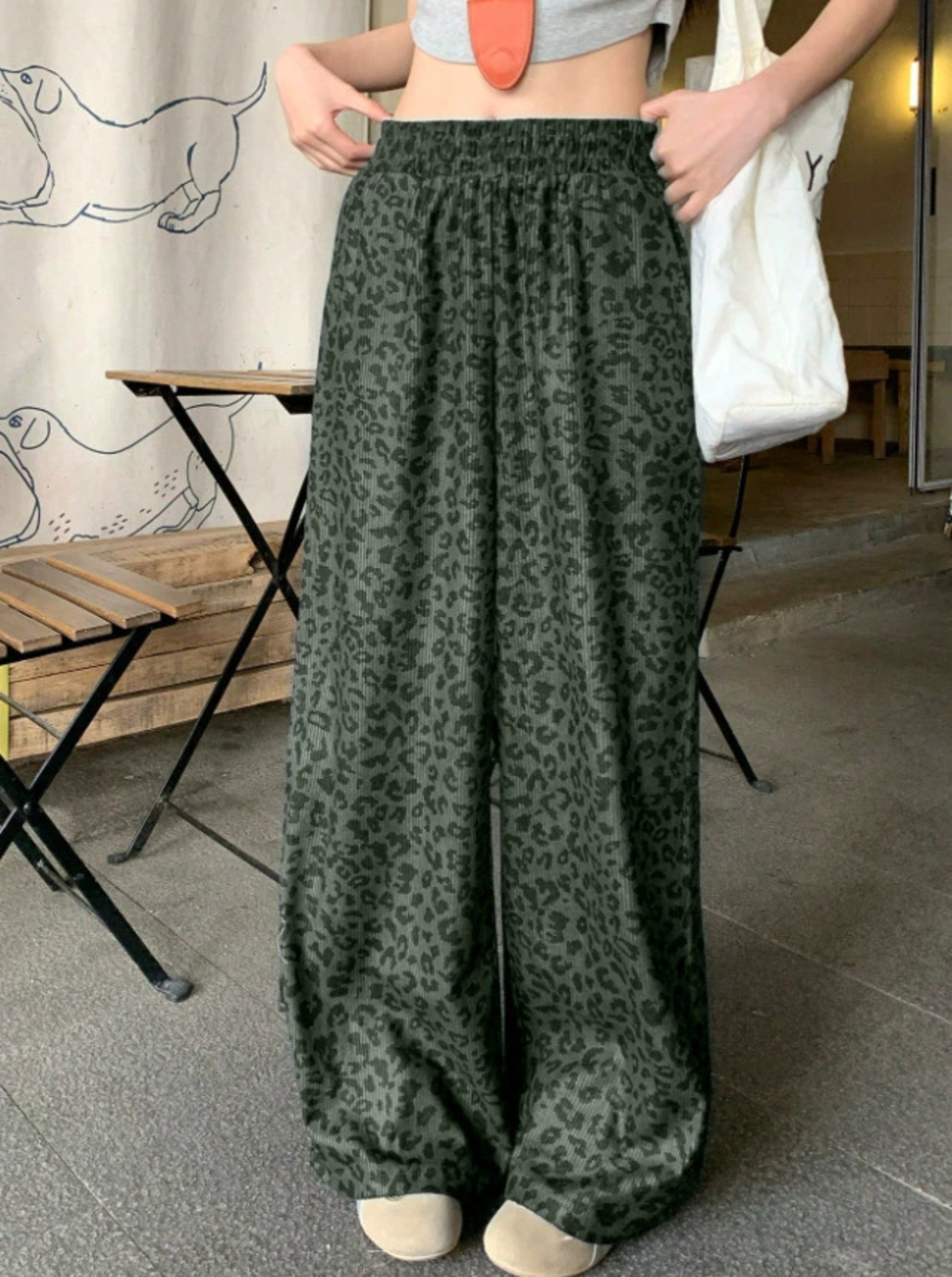 Zara All Season Corduroy Leopard Print Elastic High Waist Wide Leg Pants